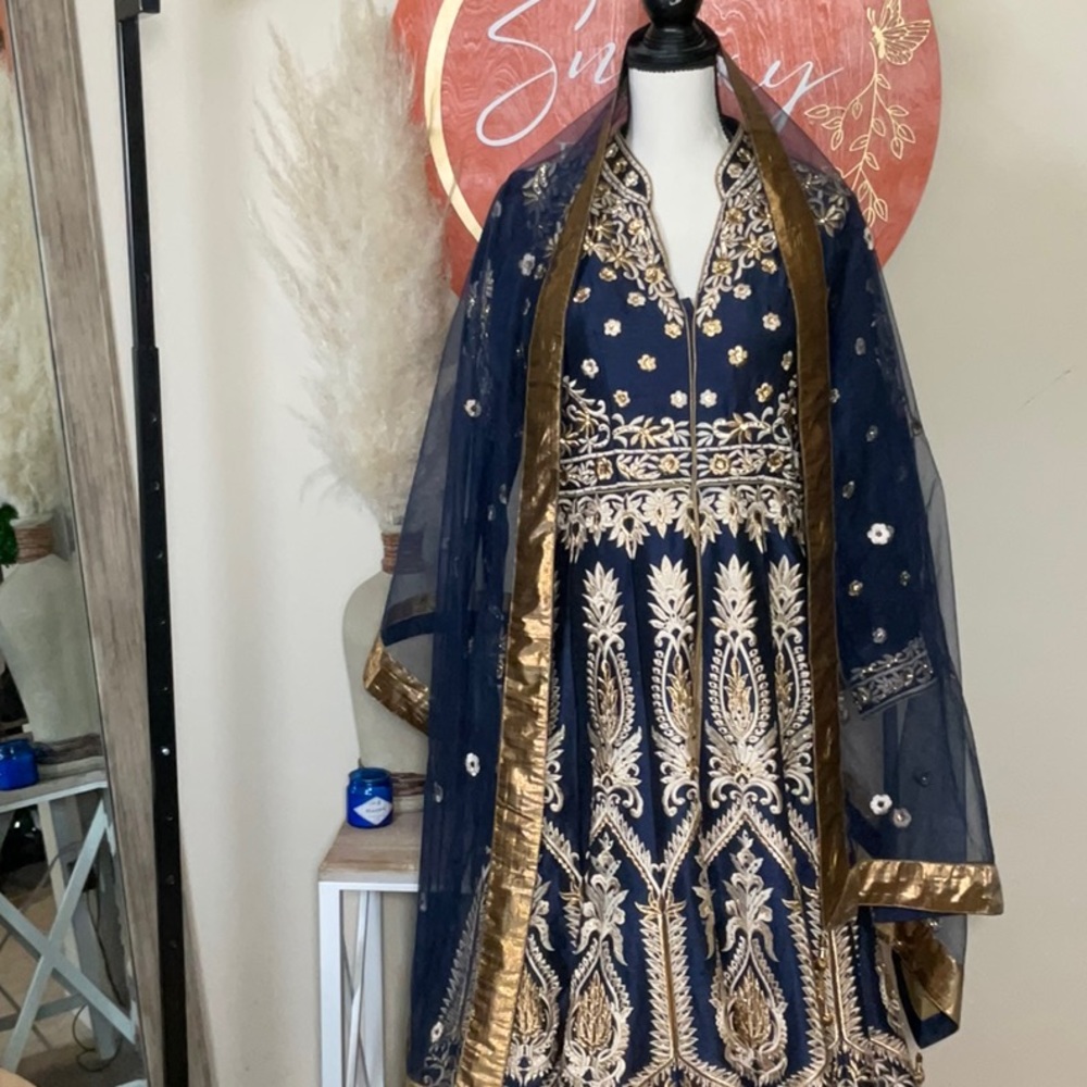 Dark Blue Embroidery Slit Style Anarkali Lehenga - Anarkali-salwar-kameez